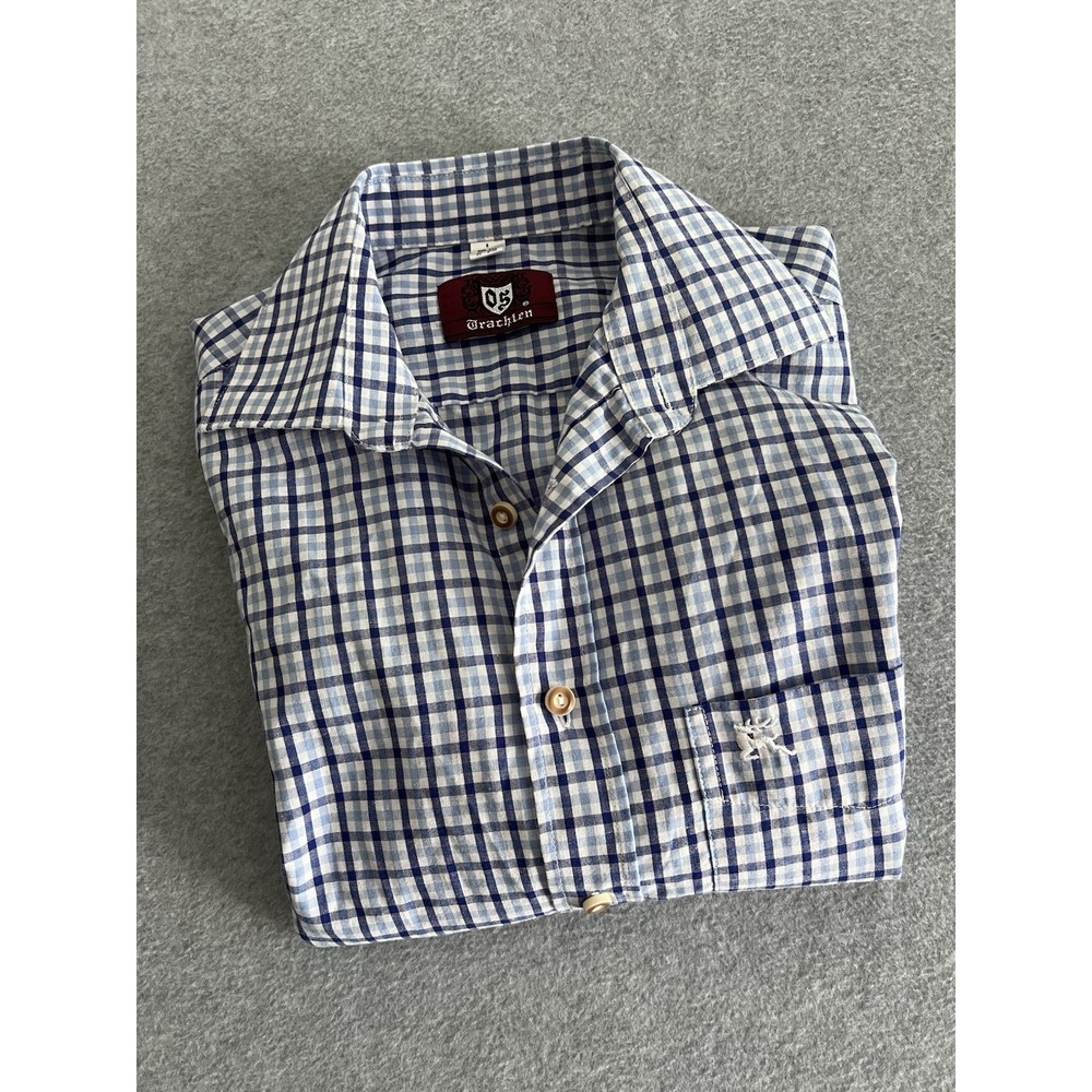 Trachten Button Up Slim Fit Long Sleeve Shirt Mens Size‎ Small Blue Plaid